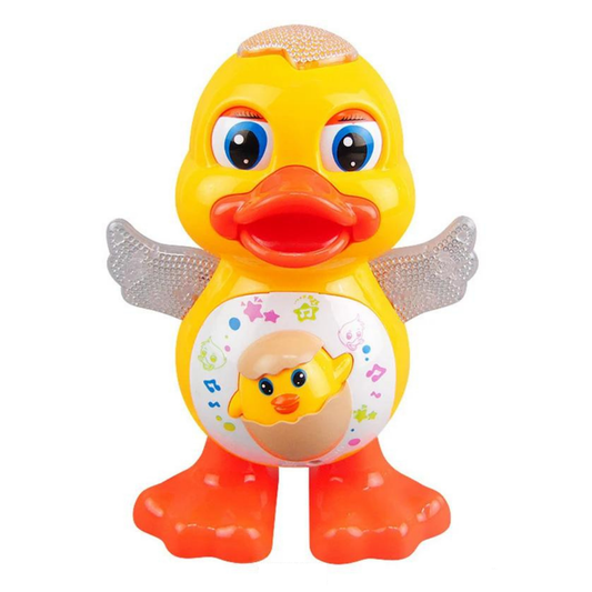 Cute Electric Dancing Duck Toy blinking its eyes and flashing lights. Fun musical cartoon duck shaking its body with colorful lights. Adorable dancing duck toy with educational benefits for babies. Electric duck toy with blinking eyes and music for toddlers. Baby playing with the Cute Electric Dancing Duck, lights flashing and duck dancing