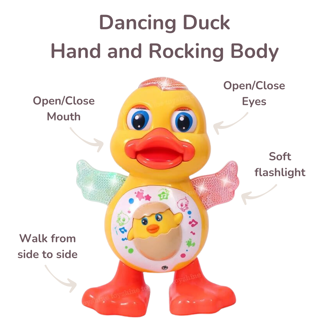 Cute Electric Dancing Duck Toy blinking its eyes and flashing lights. Fun musical cartoon duck shaking its body with colorful lights. Adorable dancing duck toy with educational benefits for babies. Electric duck toy with blinking eyes and music for toddlers. Baby playing with the Cute Electric Dancing Duck, lights flashing and duck dancing