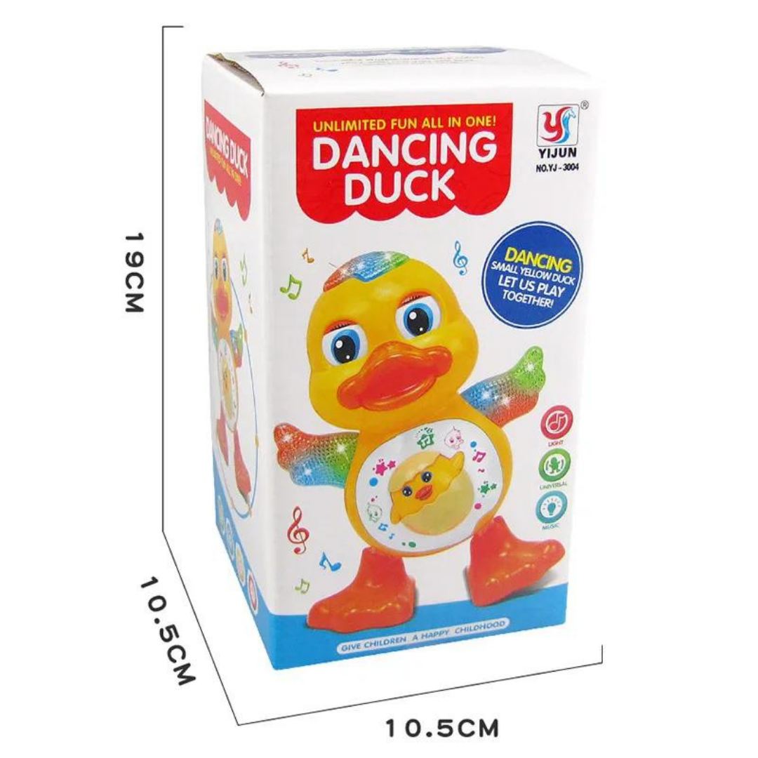 Cute Electric Dancing Duck Toy blinking its eyes and flashing lights. Fun musical cartoon duck shaking its body with colorful lights. Adorable dancing duck toy with educational benefits for babies. Electric duck toy with blinking eyes and music for toddlers. Baby playing with the Cute Electric Dancing Duck, lights flashing and duck dancing