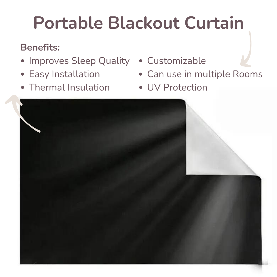 Portable Blackout Curtain installed on a window, darkening the room. Close-up of the stick-on, non-perforated attachment of the blackout curtain. Thermal insulated blackout curtain in a baby's nursery. DIY adjustable blackout curtain fitting a kitchen window. Baby sleeping peacefully in a darkened room with the blackout curtain.