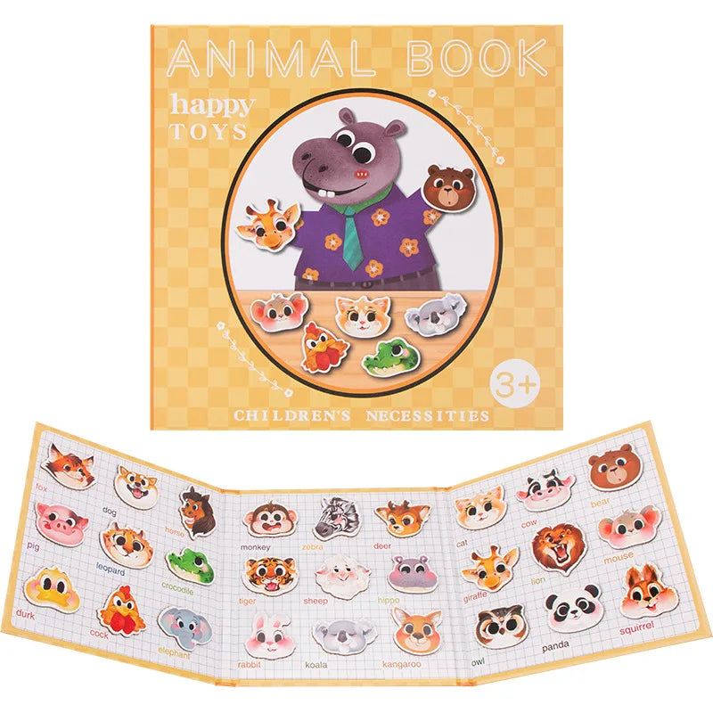 Animal Magnet Jigsaw Puzzle Book with colorful pieces. Child solving a magnetic animal puzzle in the book. Montessori Magnetic Animal Puzzle pieces in action. Educational Animal Puzzle Book with magnets for learning. Baby playing with the Magnetic Animal Jigsaw Puzzle Game.