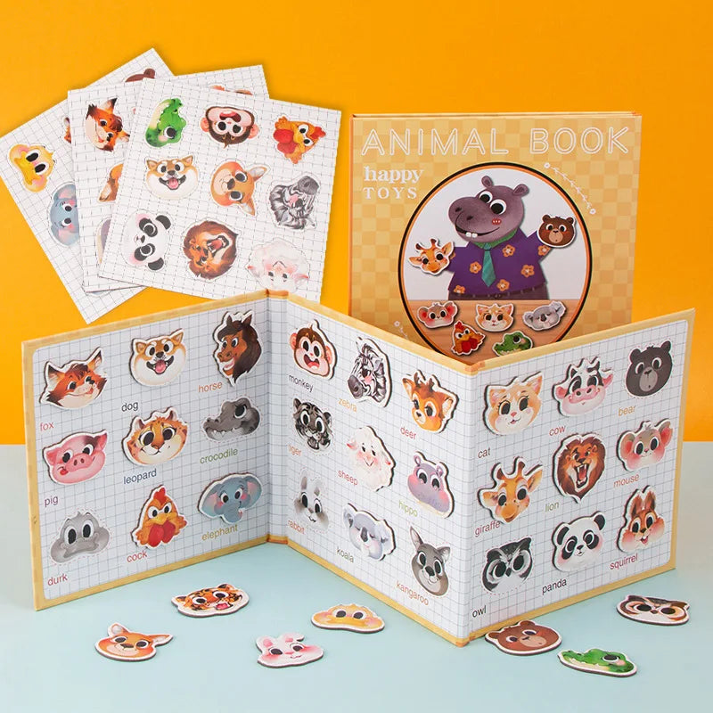 Animal Magnet Jigsaw Puzzle Book with colorful pieces. Child solving a magnetic animal puzzle in the book. Montessori Magnetic Animal Puzzle pieces in action. Educational Animal Puzzle Book with magnets for learning. Baby playing with the Magnetic Animal Jigsaw Puzzle Game.